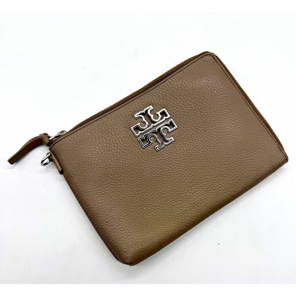 Tory Burch Brown Taupe Monogram Logo Zip Top Wristlet Purse Silver Hardware